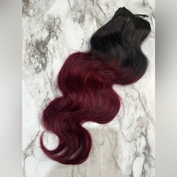 16 In Body Wave Ombre Black & Dark Red Clip in Hair Extensions Set - Picture 1 of 4